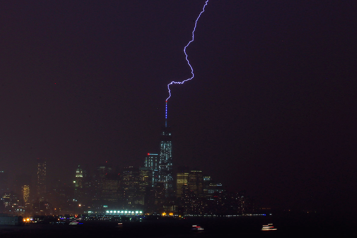 Lightning strikes One World Trade Center in Manhattan during a summer storm.
