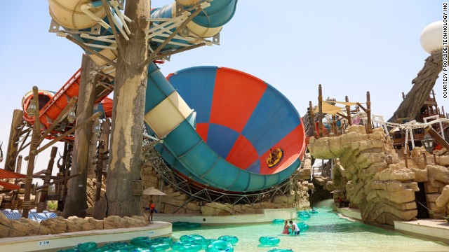 "It's unique because it combines two iconic water rides," says Ruth McMahon at ProSlide Technology Inc. "After the first section, passengers get dropped into the world's first six-person funnel ride." The ride is part of Yas Waterworld in Abu Dhabi.