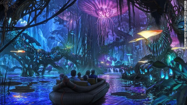 Disney World in Orlando will bring Avatar's blue-peopled planet, Pandora, to life with fantastical rides and the movie's strange jungle atmosphere.