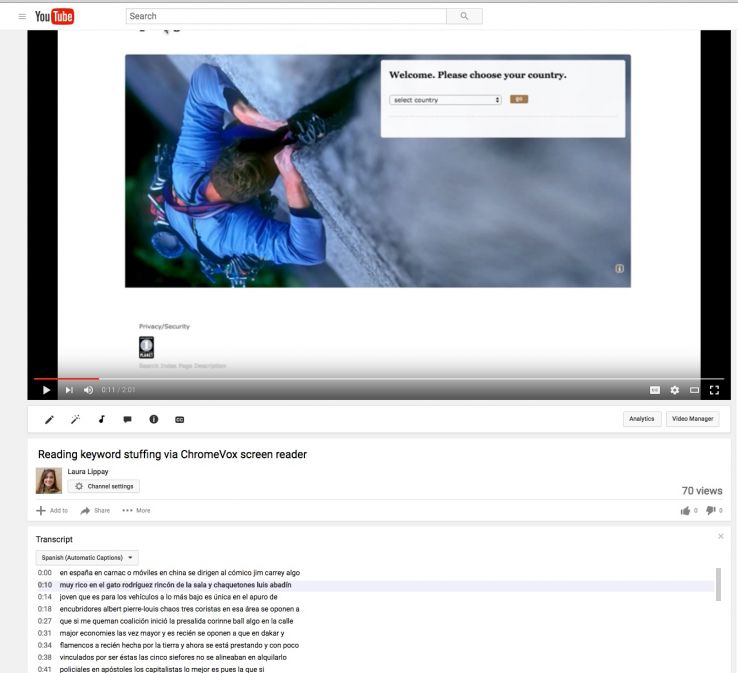 Screenshot of YouTube transcribing a video showing ChromeVox navigation as Spanish language text