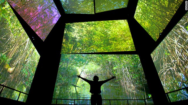 The highlight of the Biodiversity Museum is a 12-screen cinema that entirely surrounds you -- including one giant screen under foot. Monkeys scramble overhead, sharks swim underneath, visitors are lifted up and flown through a storm.