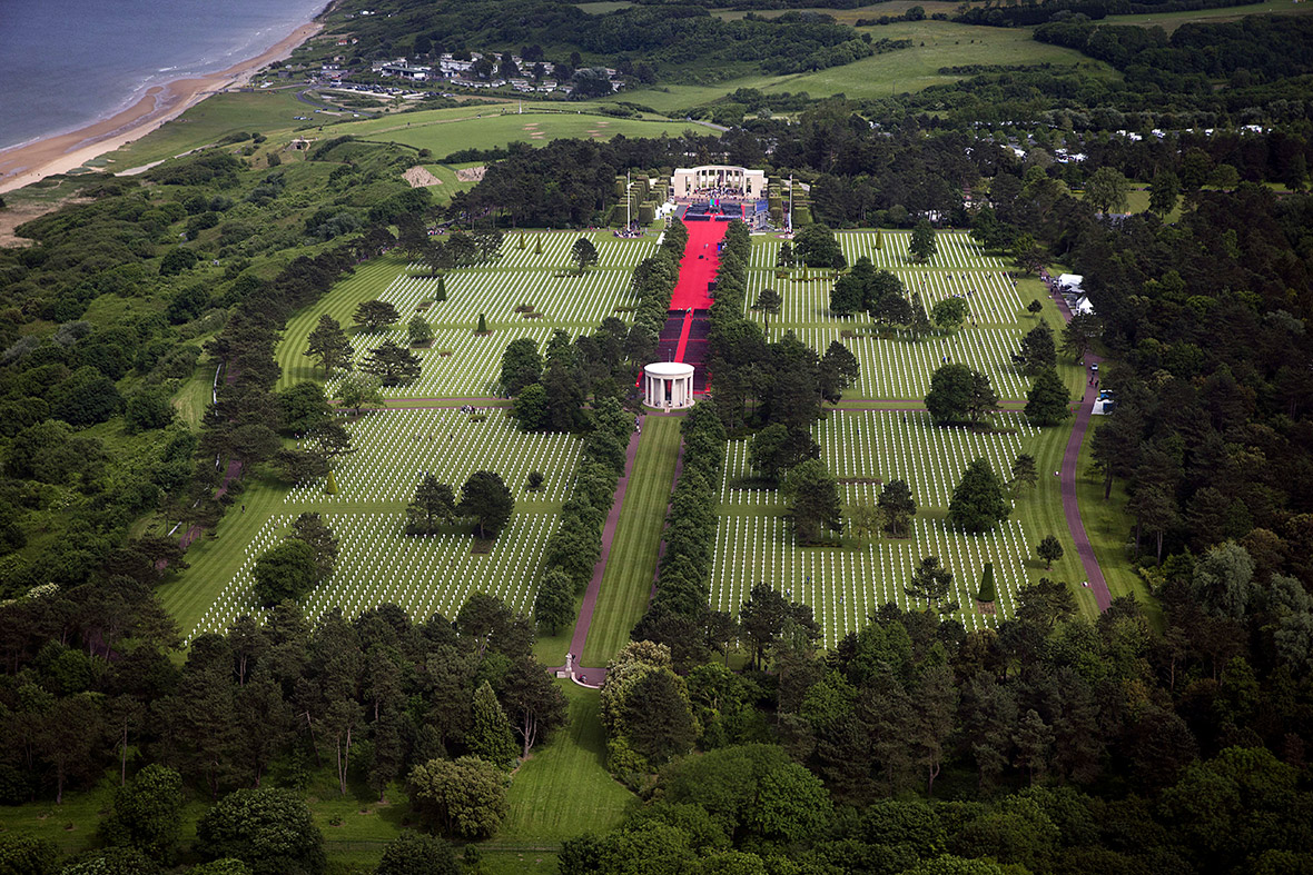 An aerial view of the American cemetery in Colleville-sur-Mer, near Omaha beach ahead of D-Day commemoration events on June 6