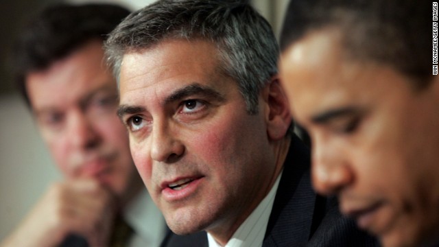 Actor George Clooney has hosted multiple fundraisers for Obama's presidential campaigns, including events in Switzerland. In this 2006 photo, he's joined then-Senator Obama in discussing the situation in the Darfur region of Sudan.