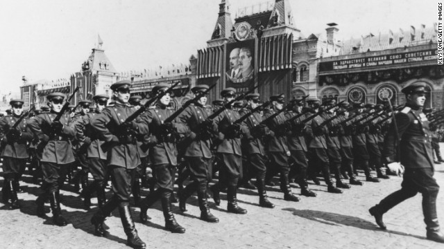 In 1955, the Warsaw Pact was organized, creating a military alliance of communist nations in Eastern Europe that included Bulgaria, Czechoslovakia, East Germany, Hungary, Poland, Romania and the Soviet Union. Here, the Soviet Army marches during May Day celebrations in 1954. 