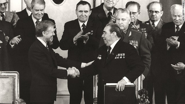 U.S. President Jimmy Carter and Soviet leader Leonid Brezhnev shake hands after signing the SALT II treaty limiting strategic arms in Vienna, Austria, on June 18, 1979. The first phase of Strategic Arms Limitation Talks began in Helsinki, Finland, with a finished agreement signed by President Nixon and Brezhnev in Moscow on May 26, 1972. It placed limits on both submarine-launched and intercontinental nuclear missiles.