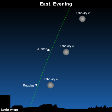 Jupiter is splendidly bright, in the east at nightfall. The moon will be sweeping it past it this week. Don't miss them! Read more about Jupiter and the moon.
