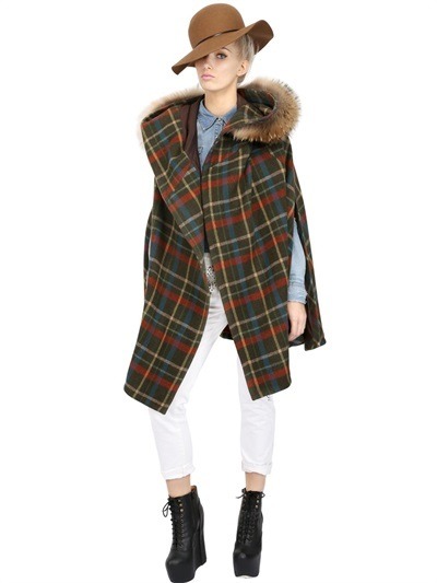 Hooded Plaid Wool Poncho by (+) People...