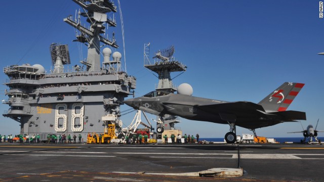 An F-35C Lightning II carrier variant Joint Strike Fighter conducts its first arrested landing aboard the aircraft carrier USS Nimitz on Monday off the coast of California.