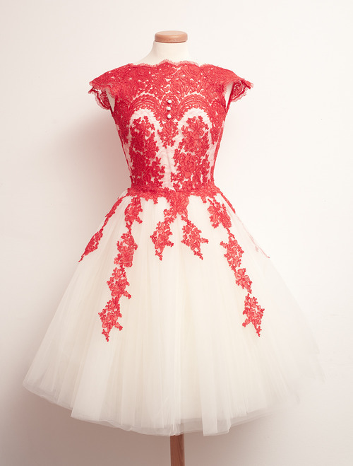 2015 vintage lace red white prom dress