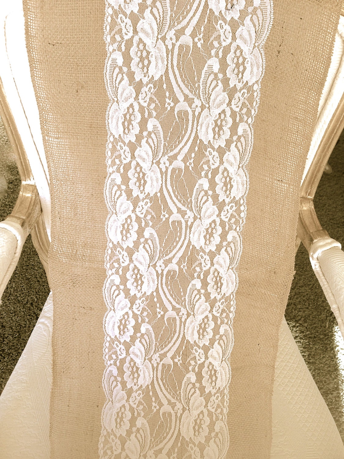 Vintage, White Lace Runner, Burlap Table Runner, 12"x108". Country, Shabby Chic, Vintage, or Rustic Wedding