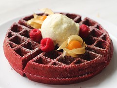 Red velvet waffles with buttermilk ice cream