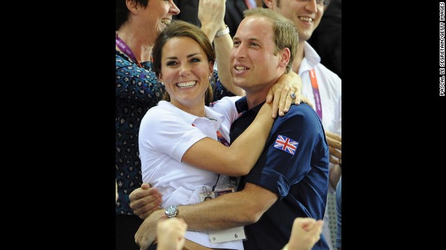 Catherine and Prince William celebrate during track cycling events at the Olympic Games in London on August 2, 2012.