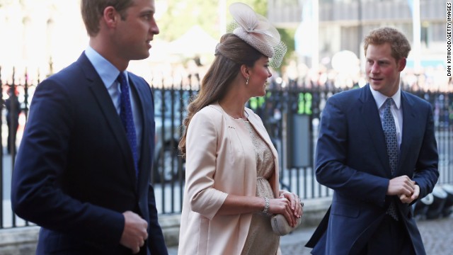 Prince William, Catherine and Prince Harry arrive for a service of celebration last month marking the 60th anniversary of the coronation of Elizabeth II at Westminster Abbey in London on June 4, 2013.