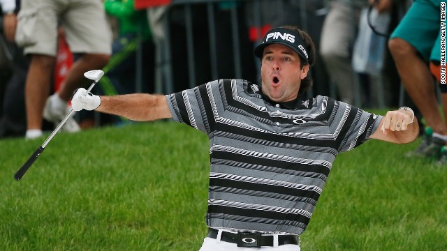 American golfer Bubba Watson celebrates after making a bunker shot on the 18th hole for eagle to win the WGC-HSBC Champions at the Sheshan International Golf Club in Shanghai, China, on Sunday, November 9.