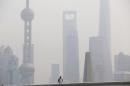 A man wearing a face mask stands on a bridge in front of the financial district of Pudong on a hazy day, in Shanghai