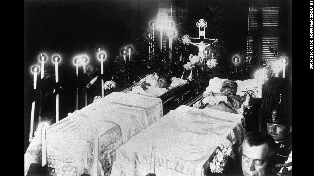 The bodies of Austria-Hungary Archduke Franz Ferdinand and his wife, Sophie, Duchess of Hohenberg, are seen after their assassination by Serbian nationalist Gavrilo Princip on June 28, 1914. The assassination led Austria-Hungary to declare war on Serbia, starting a chain of events that would gradually bring other nations into the fray.