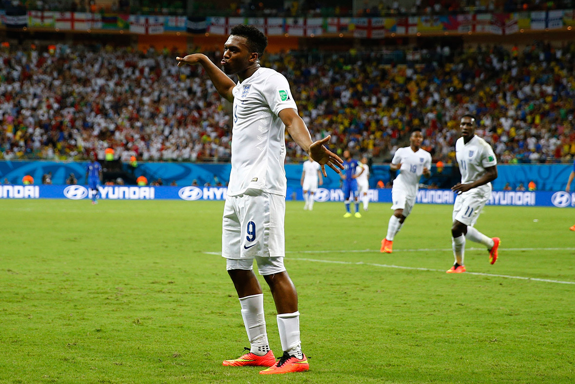 England's Daniel Sturridge celebrates his goal against Italy during their 2014 World Cup Group D match in Manaus on June 14, 2014