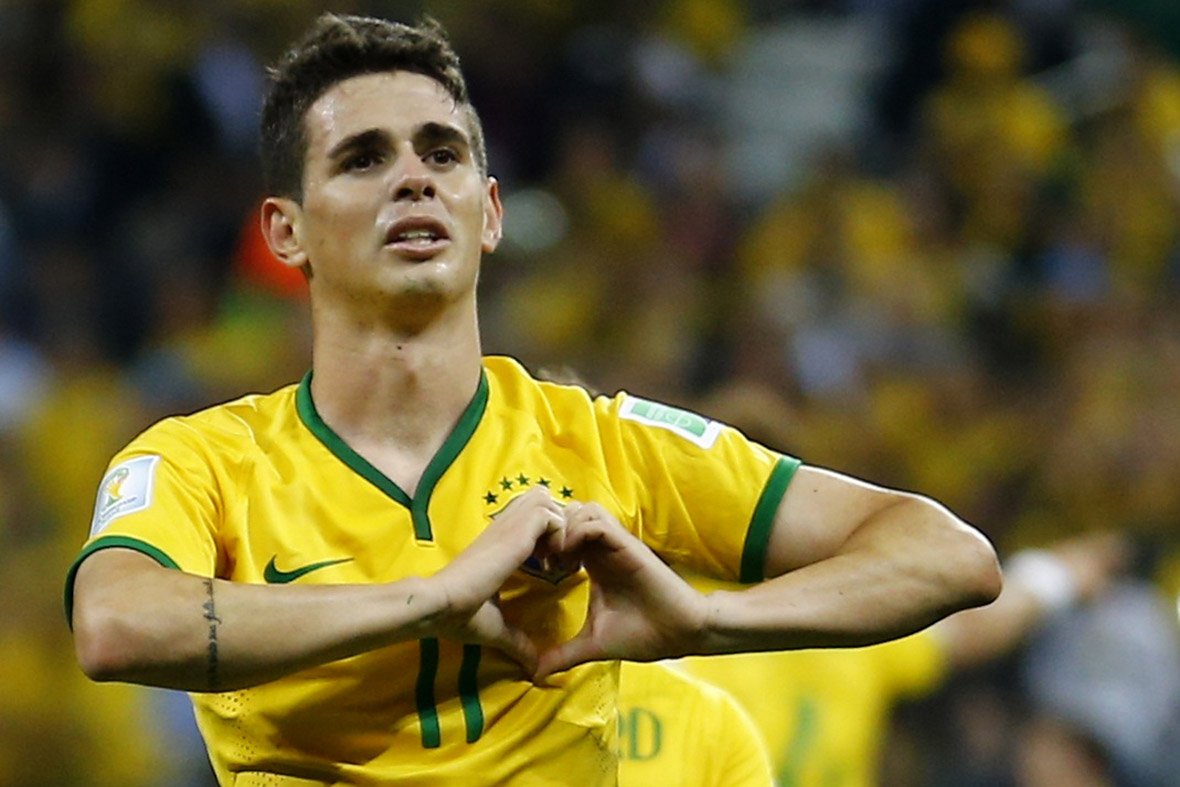 Brazil's Oscar celebrates his goal during the 2014 World Cup opening match against Croatia in Sao Paulo on June 12, 2014
