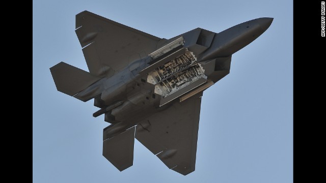 U.S. Air Force F-22 Raptors saw their first combat during the strikes on ISIS, the Pentagon said. The single-seat, twin engine stealth fighter has a top speed of almost 1,500 mph. Here, a Raptor performs during the Australian International Airshow in Melbourne on March 1, 2013.