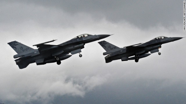The workhorses of the American fighter fleet, F-16s, struck ISIS targets in Syria in the second and third wave of attacks. Two U.S.-made F-16 fighters are seen here over Hualien Air Base in Taiwan on January 23, 2013. F-16s can travel 1,500 mph, or Mach 2, at altitude.