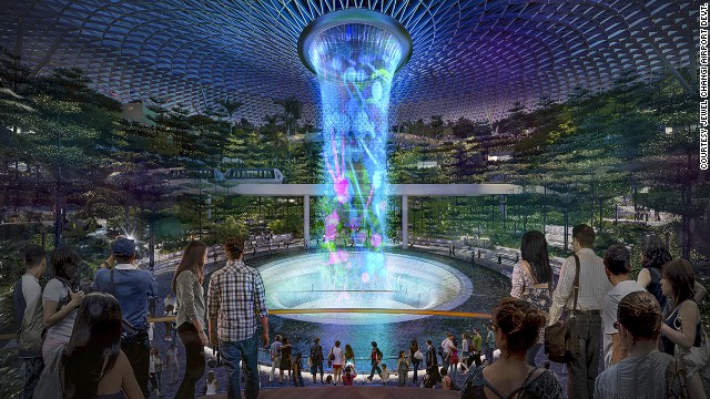 Rain Vortex will be the world's tallest indoor waterfall when completed. At night it will be transformed by light and sound show.