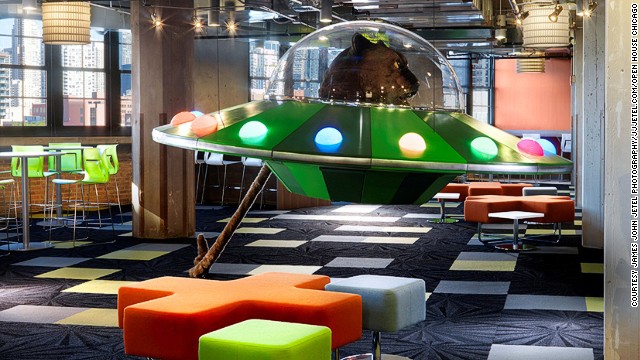 Groupon's colorful offices in Chicago include an Enchanted Forest, a Fun Zone with swing sets, and a giant cat in a spaceship. You can tour the office during Chicago's Open House event, October 18-19.