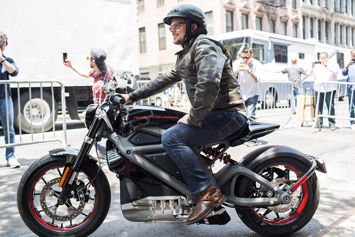 Mark-Hans Richer, Harley-Davidson's chief marketing officer, rides a Livewire, the company's first electric motorbike, in New York City. The Livewire produces 74 horsepower and has a top speed of 92 miles per hour