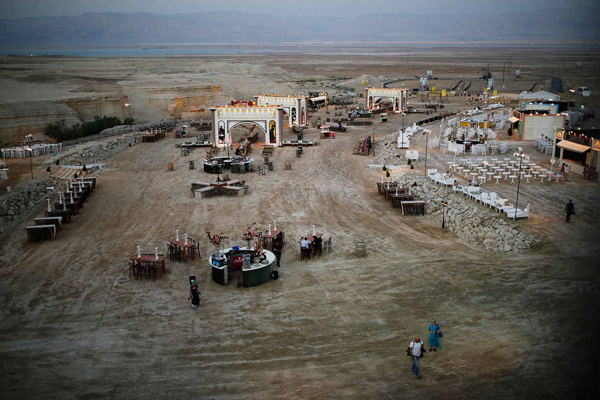 The set for La Traviata is installed in the desert near the Dead Sea