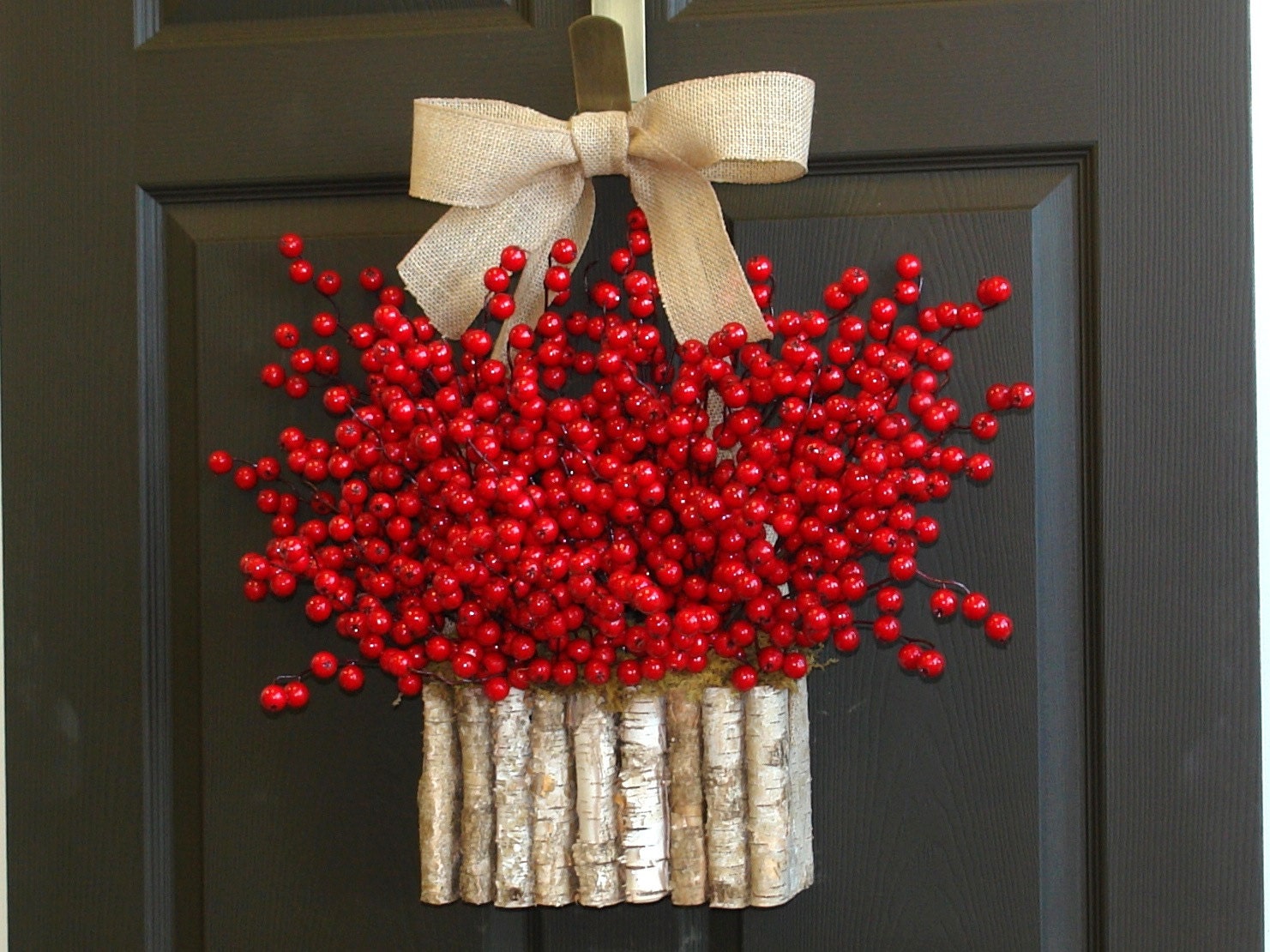 Christmas wreaths Holiday red berry wreaths Seasons Greetings wreaths Christmas front door birch bark vases wreath decorations