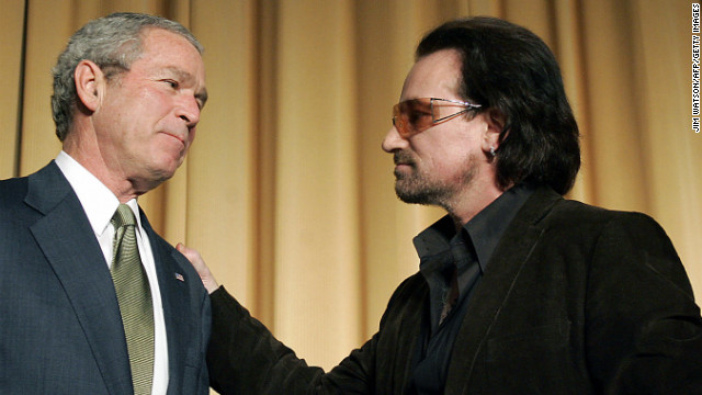 U2 frontman Bono, who was named the most politically effective celebrity of all time by the National Journal, has campaigned for third-world debt relief since 1999. In March 2002, he appeared next to President Bush for the unveiling of a $5 billion aid package for the world's poorest countries. The two also attended the National Prayer Breakfast in Washington in February 2006, seen here.