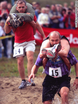 Those looking for a shorter race might be interested in the <a href='http://ift.tt/1qyOF3p' target='_blank'>Wife Carrying Championship</a> held at the Sunday River ski resort in Maine during Fall Festival Weekend. The 278-yard dash is usually won by a couple using the "Estonian carry," seen here.