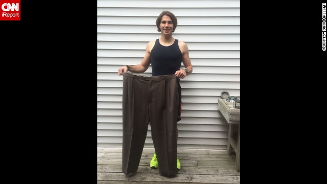 In February 2013, Mazzetti joined a local gym and started focusing on maintaining his weight rather than losing it. Here, he shows off his size 48 pants from 2012.