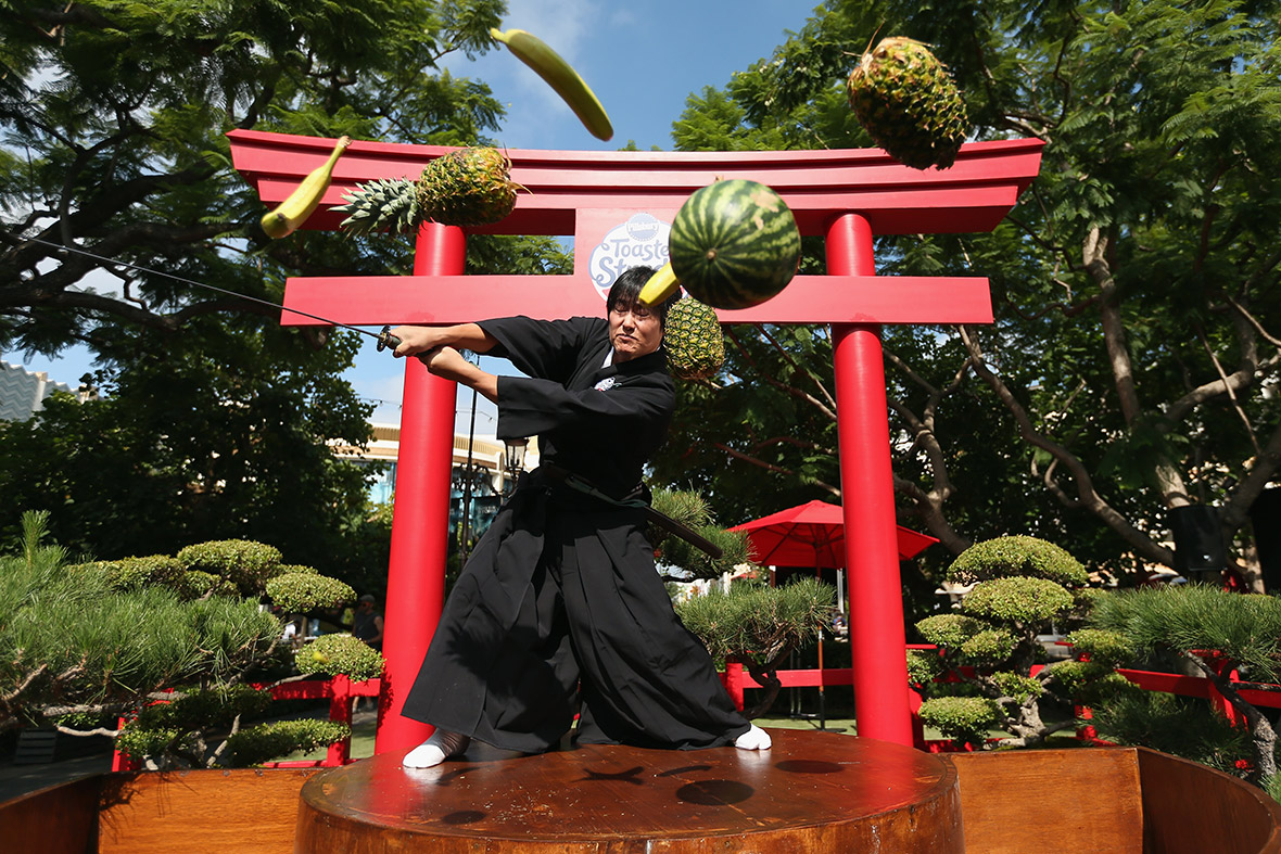 Expert swordsman Isao Machii takes on Fruit Ninja in real life at The Grove in Los Angeles to promote Toaster Strudel