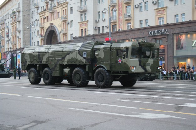 Iskander mobile ballistic missile systems (NATO Reporting name: SS-26 Stone) during a practice parade in Moscow in 2010. via Wikipedia