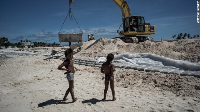 The U.N.'s Intergovernmental Panel on Climate Change identified Kiribati as one of the six Pacific island nations that "face a serious threat of permanent inundation from sea-level rise." In a never-ending fight against the rising tides, both residents and their government construct seawalls to preserve the land.