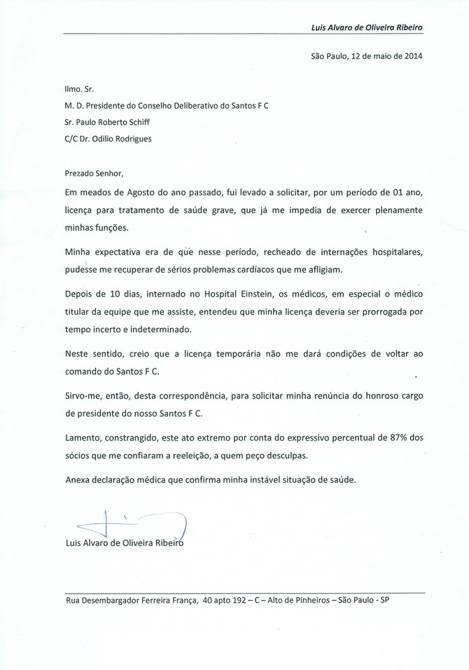 Luis Alvaro Santos carta (Foto: Divulgação/Santos FC)