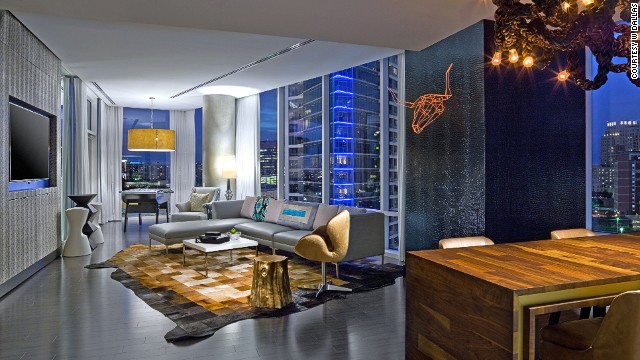 The Extreme Wow suite at the W Dallas-Victory hotel overlooks the American Airlines Center and other Victory Park hotspots. The foosball table may make you late for meetings.
