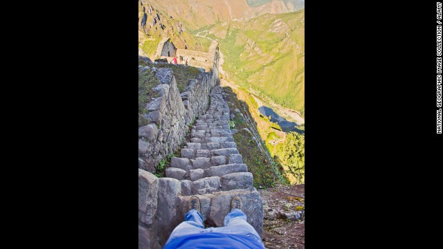 There are 600 feet or so of steep, granite stairs carved by the Inca carved more than 500 years ago into the side of Huayna Picchu at Machu Picchu. The stairs lead to the rarely visited Moon Temple.