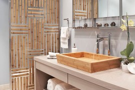 Gorgeous divider panel in bathroom has bamboo embedded in resin!