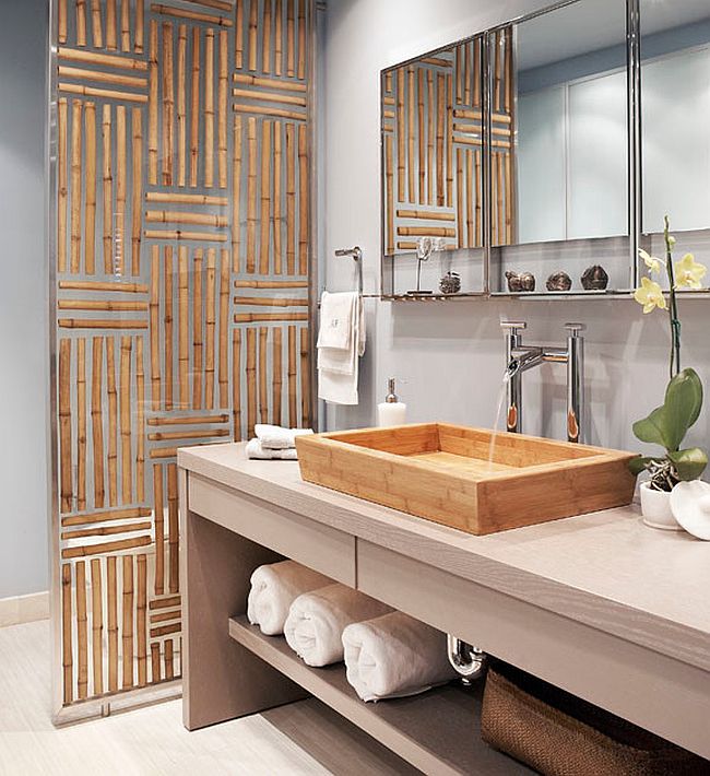 Gorgeous divider panel in bathroom has bamboo embedded in resin! [Design: Luminexa Surfacing]