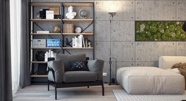 Texture is also important in this design, from the cushy sofa and armchair to the varied texture of the wall planting and of course the smooth wood floors and concrete walls.