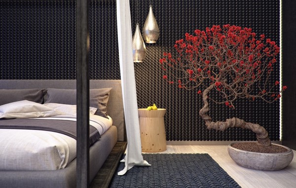 The bedroom also brings in its own nod to nature with a beautiful oversized bonsai tree.