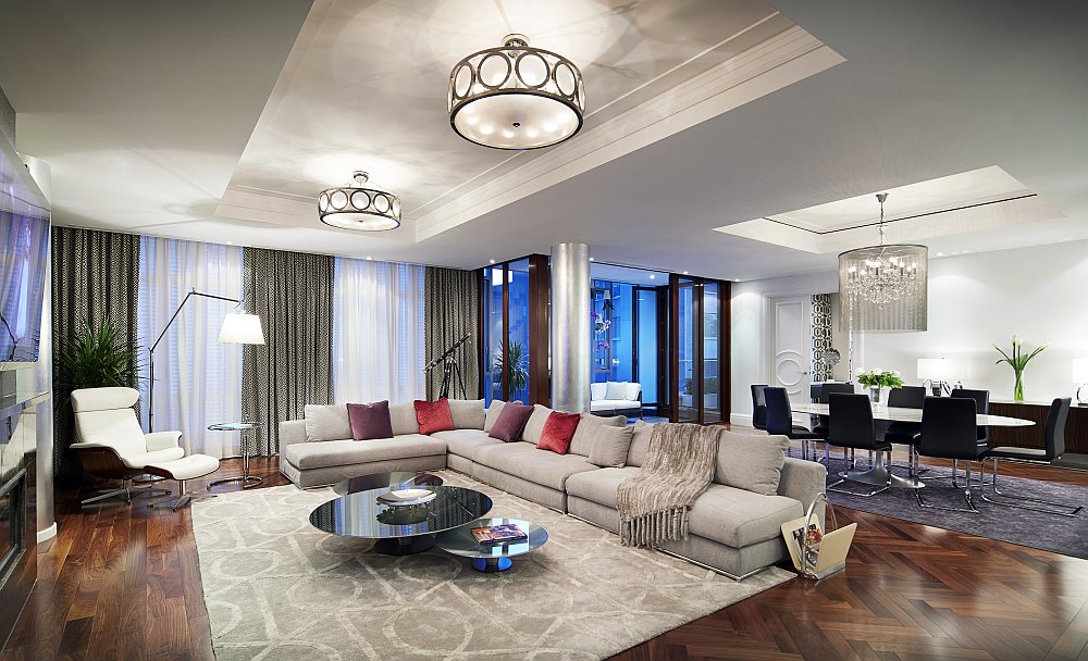 Open plan living area of the condominiums exudes the trademark style of Ritz-Carlton