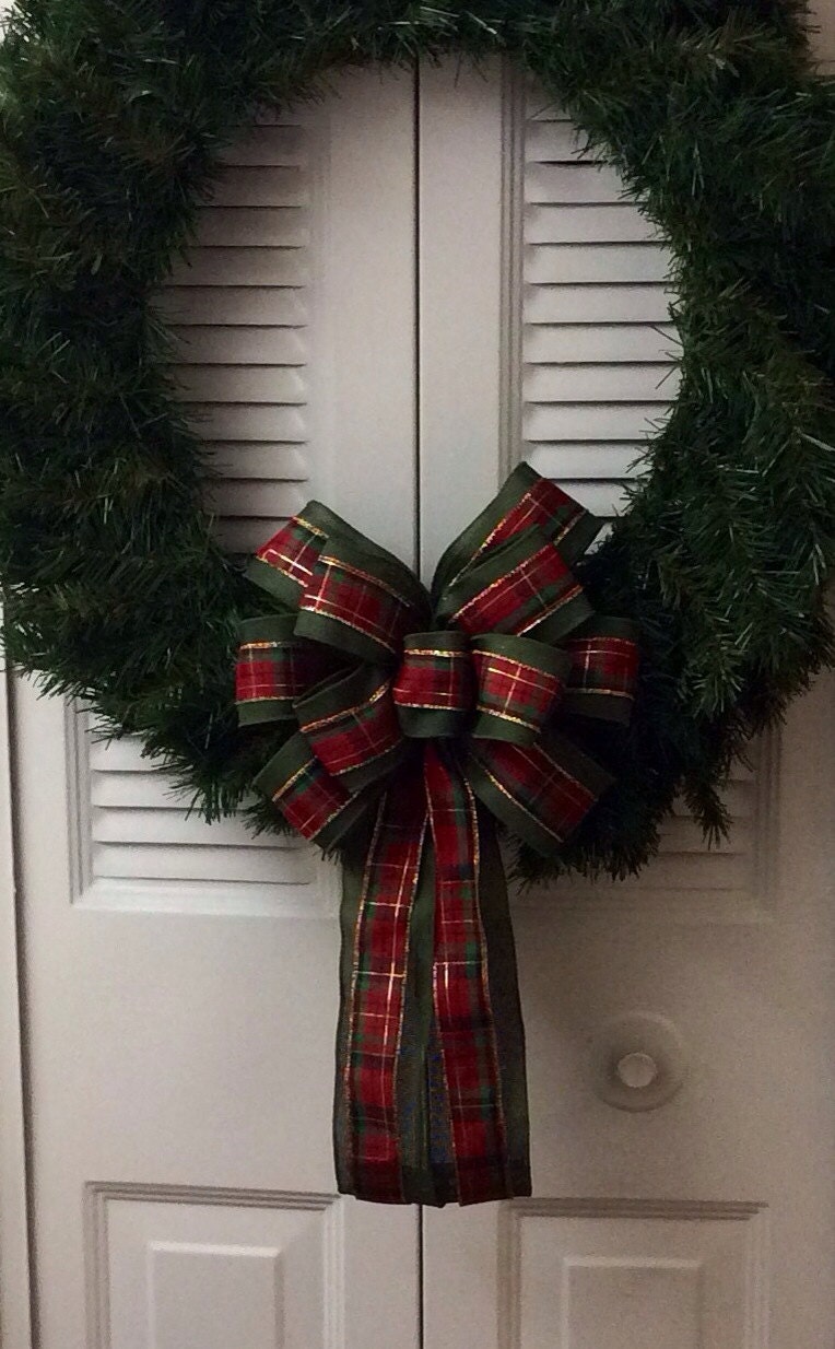 Christmas Wreath Bow Large/ Green Burlap & Plaid Wreath Bow/ Rustic Burlap Wreath Bow/ Plaid and Burlap Bow/ Rustic Holiday Wreath Bow/