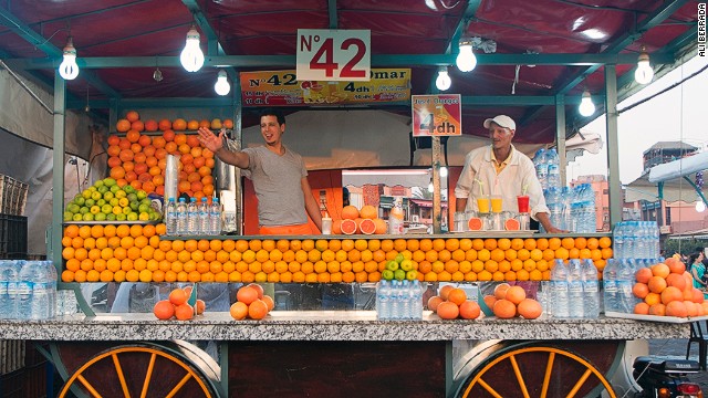 Jemaa el-Fna is a traditional haunt for food and drink vendors. Many carts sell freshly squeezed orange juice.