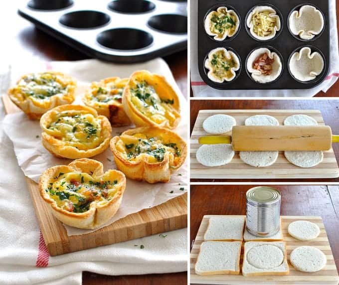 Mini quiches made using sandwich bread! Filled with bacon, cheese and egg mixture. #brunch #breakfast #appetizer #party_food