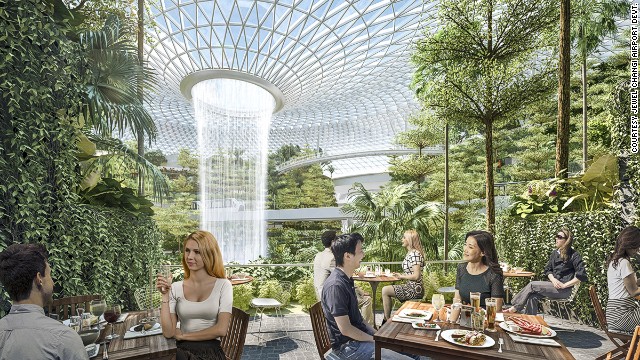 Changi's new leisure complex will have 90 food and drink outlets, some with waterfall view patios. 