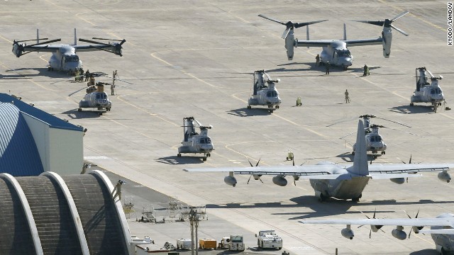 Two Osprey tilt-rotor aircraft land at Futenma for additional deployment on August 3.