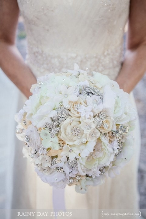 Softest white handmade flower brooch bouquet -- deposit on a made-to-order wedding bouquet