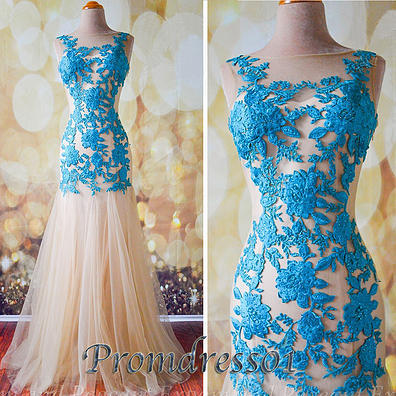 2015 elegant blue lace prom dress